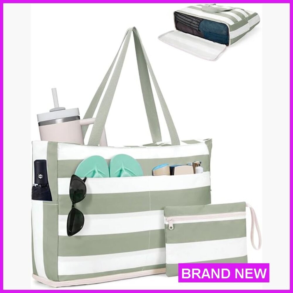 Large Waterproof Beach Tote with Zipper Sandproof Travel Bag Tumbler Pocket